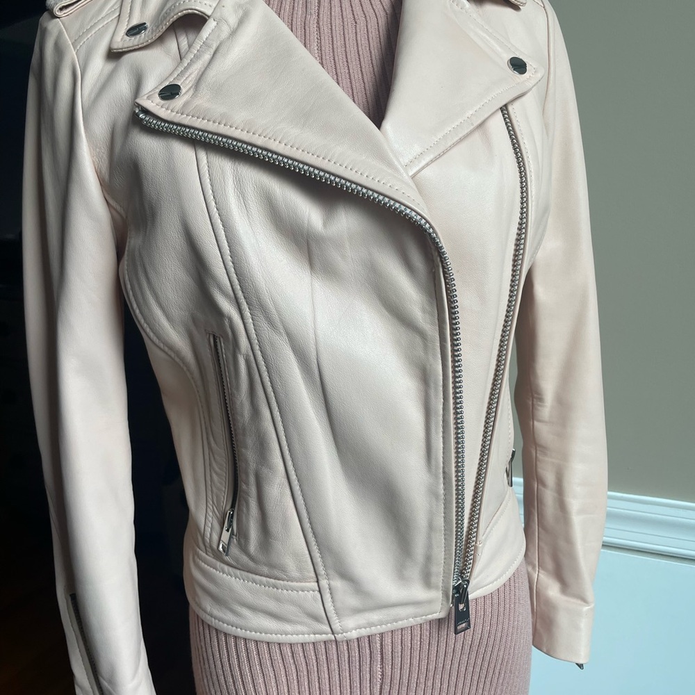 Lamarque soft leather biker jacket. Color light pink